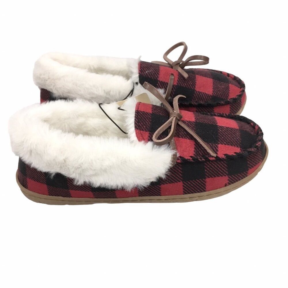 St Johns Bay Slipper House Shoe Women Small 5-6 Buffalo Plaid Moccasin Faux Fur